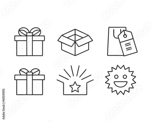 Gift and Celebration Line Icons Set – Includes Gift Boxes, Tags, Open Packages, Envelope with Star, and Smiley Face
