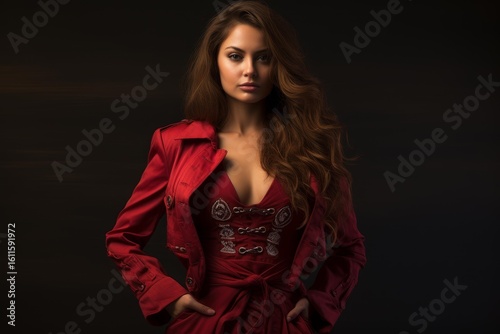 Studio portrait of a confident young woman showcasing a stylish red ensemble