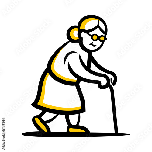 Elderly woman walking with a cane in a simplified graphic style for International White Cane Safety Day  