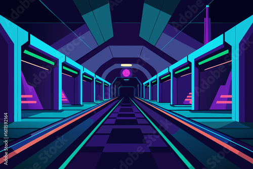 Urban city life at night with futuristic light trails on the bridge and in the tunnel, showcasing modern architecture and dynamic transportation