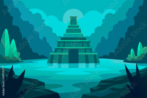 Vector illustration of a tropical island, Christmas tree, and abstract background with an ancient Asian temple, pagoda, and stupa under a vast sky, blending diverse architectural styles, cultures, and