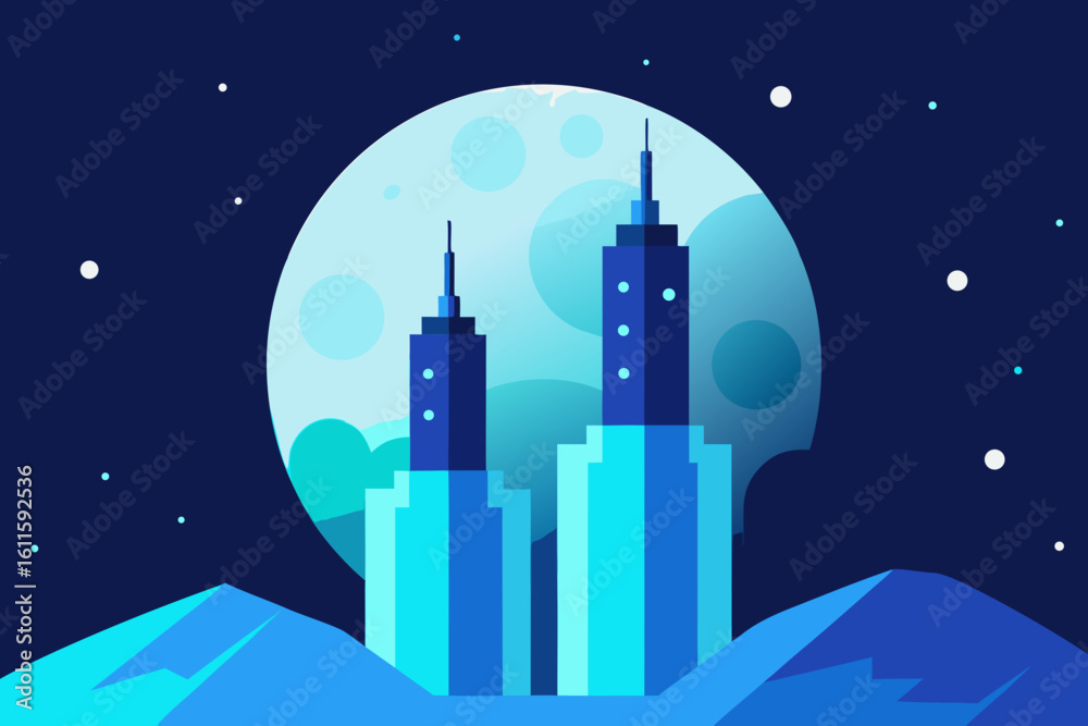 Fototapeta premium Moonlit urban skyline with silhouetted buildings and stars