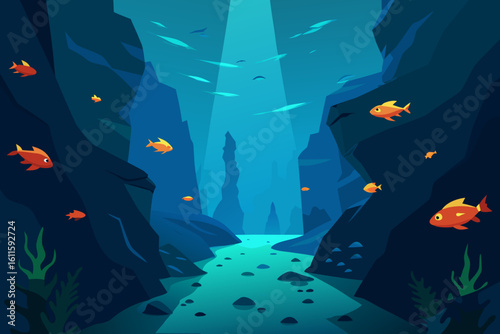 A vibrant school of fish glimmers in the deep blue ocean, a captivating underwater scene teeming with marine life around a coral reef