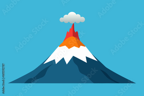 Snow-capped Fuji volcano peak piercing the clouds at sunrise, reflecting in a serene lake amidst a beautiful Japanese mountain landscape