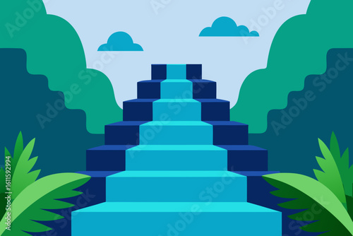 A concept illustration of a stairway to success, climbing steps towards a sky-lit heaven
