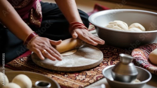 Puran poli woman preparing sweet chapati with rolling pin, perfect for Indian cooking blogs, recipe websites, and cultural publications.