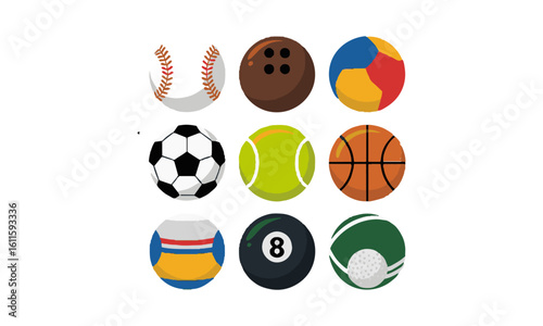 scalable vector illustration featuring a collection of sports balls,Sports balls minimal flat icon set. Cartoon style., easily editable.