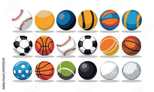scalable vector illustration featuring a collection of sports balls,Sports balls minimal flat icon set. Cartoon style., easily editable.