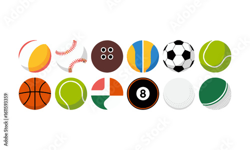 scalable vector illustration featuring a collection of sports balls,Sports balls minimal flat icon set. Cartoon style., easily editable.