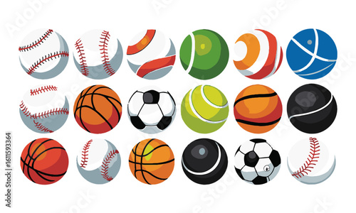 scalable vector illustration featuring a collection of sports balls,Sports balls minimal flat icon set. Cartoon style., easily editable.