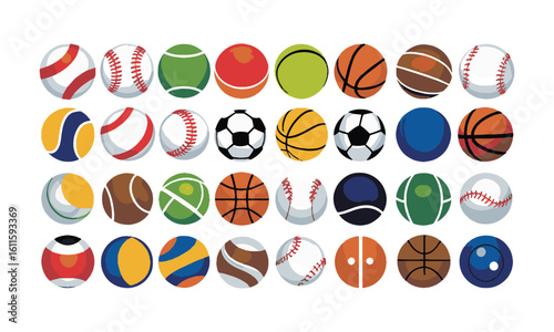 scalable vector illustration featuring a collection of sports balls,Sports balls minimal flat icon set. Cartoon style., easily editable.