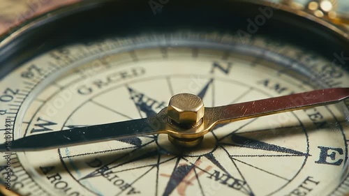 Vintage compass needle spins wildly on map, symbolizing being lost.