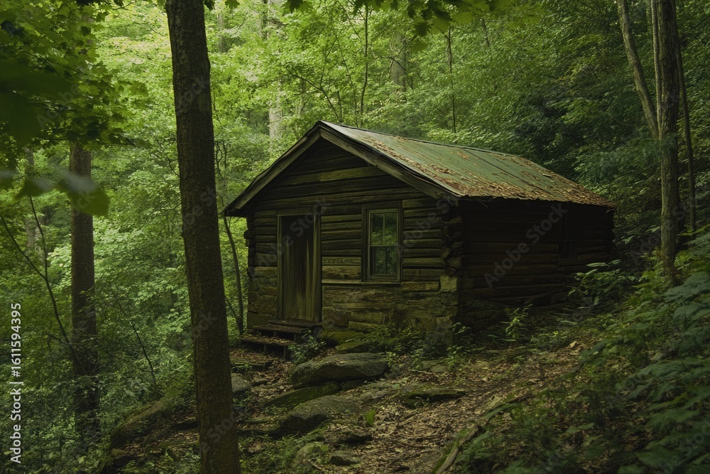 A rustic log cabin nestled deep within a lush, green forest. A rustic log cabin nestled deep within a lush, green forest.
