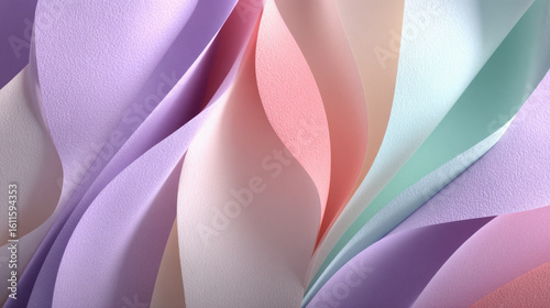 Layered geometric paper shapes with smooth folded edges in pastel shades of blush pink cream lavender and mint green ideal for minimalist craft and design visuals.