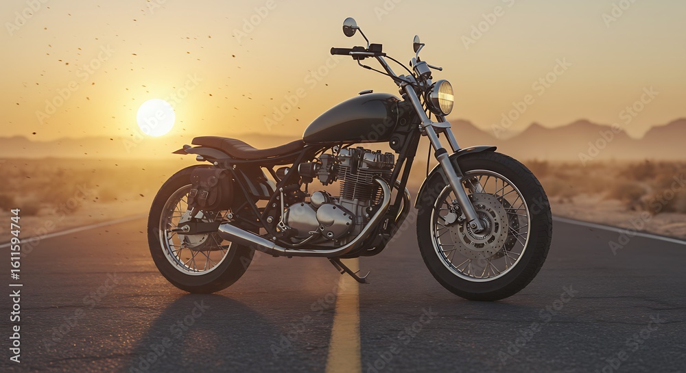 Obraz premium Golden Hour Ride: Classic Motorcycle on a Desert Road at Sunset