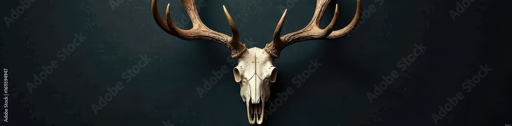 Fototapeta premium Ornate deer skull, antique style, dark background, black, skull, illustration