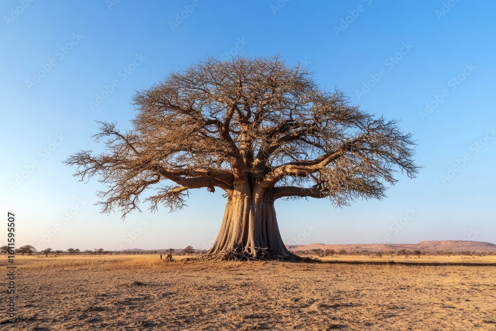 Obraz premium A majestic baobab tree stands alone in a vast, dry African savanna under a clear blue sky.
