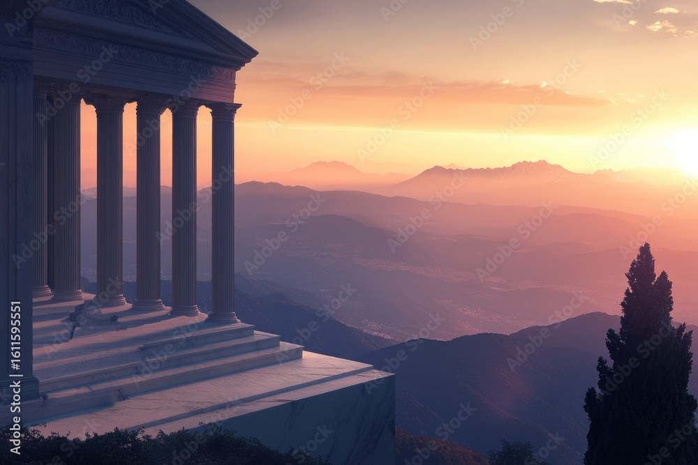 Obraz premium Ancient temple on mountaintop at sunset, serene landscape, majestic view.