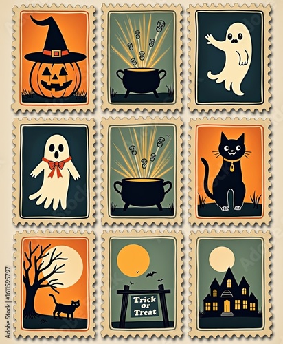 Halloween-themed vintage stamps collection.