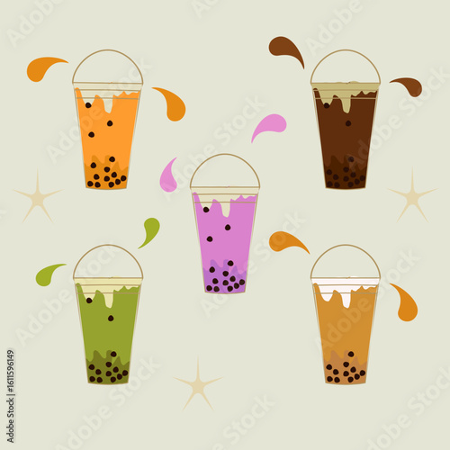 Collection design of bubble tea cup, Pearl milk tea. Vector
