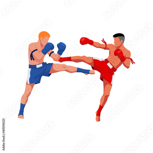 Two Muay Thai fighters in dynamic action, one kicking, one blocking. Vibrant vector art depicting a powerful martial arts combat.