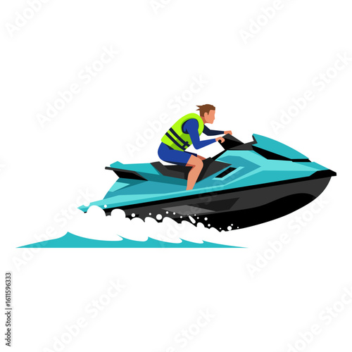 Vector illustration of a person riding a jet ski at high speed. The rider, wearing a life vest, zips across the water, capturing the thrill of this exciting summer water sport.
