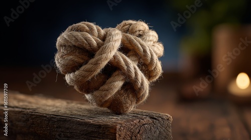 A close-up of a tightly knotted, coarse rope ball resting on a rough wooden surface with a blurred background.