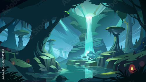Blue dragon in a dark, underwater cave with light textures and schooling fish