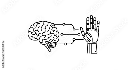 Brain connected to robotic hand through neural pathways illustration  