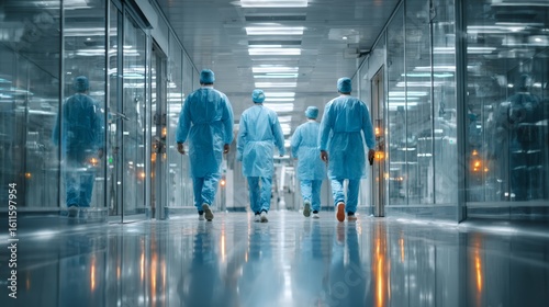 Medical professionals in blue scrubs walk through a modern hospital corridor with reflective floors and glass walls.