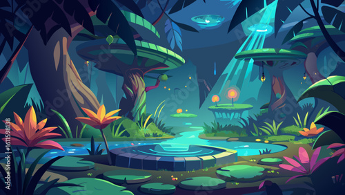 A vibrant vector illustration of a tropical underwater world map at night, teeming with colorful fish and illuminated by the moon's light