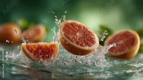 Juicy grapefruit halves and segments splash energetically in water against a blurred green background, highlighting freshness and vibrant color.