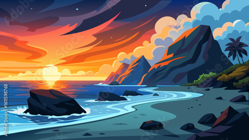 Beautiful summer sunset over the ocean with vibrant reflections on the water