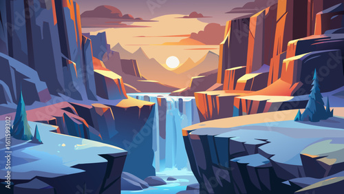 A serene winter night landscape with snow-covered mountains, a vast sky, and a glistening river under the moonlight