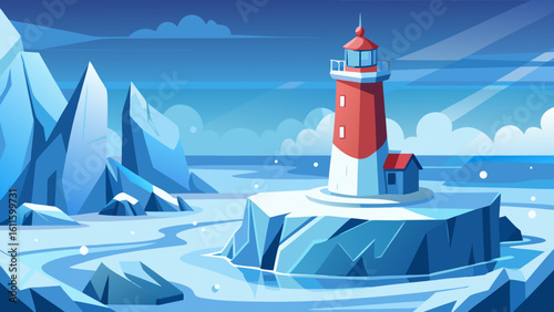 A red and white lighthouse stands as a solitary beacon on a rugged European coastline, its light piercing the vast ocean sky