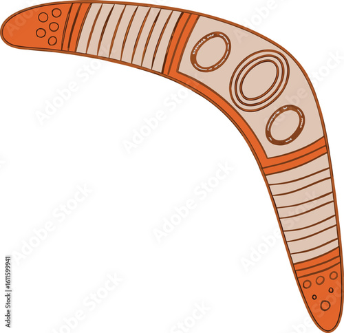 Orange and tan boomerang with tribal patterns and circular designs australian aboriginal
