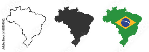 Brazil map icon collection, Brazil map sign vector set in outline, solid and nation flag style