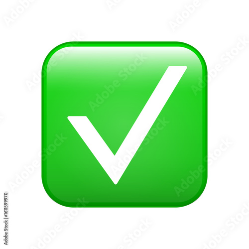 Green check mark emoji icon, approval button sign isolated - vector