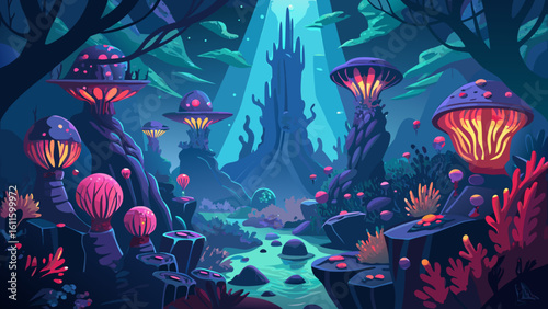 Colorful fish swim around a beautiful coral reef in the blue, light-filled underwater ocean