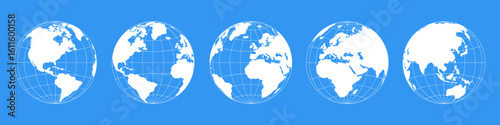 Earth set globes with world maps view from different positions, set Earth globe hemispheres with continents