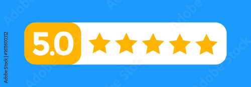 5.0 Star rating badge, customer product rating review icon, best user experience feedback for products, apps or testimonials - vector