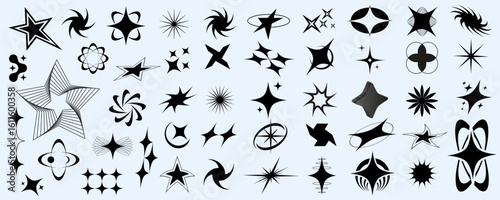 Set of Y2K bling retro futuristic elements, cosmic circles and swirls, abstract brutalism shapes, wireframe stars, grids and tech-inspired aesthetic elements