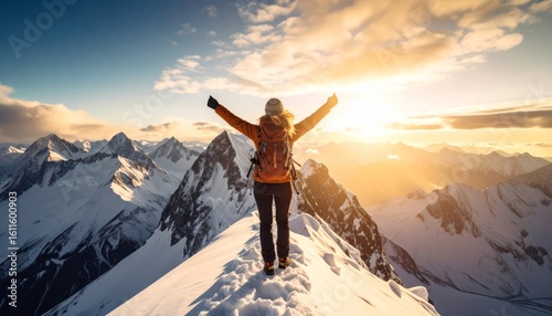 Victorious Hiker Embraces Golden Sunrise on a Snowy Mountain Summit