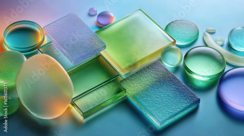 Abstract geometric shapes in translucent glass with pastel gradients of mint green lavender and skyblue ideal for soft modern decor visuals.