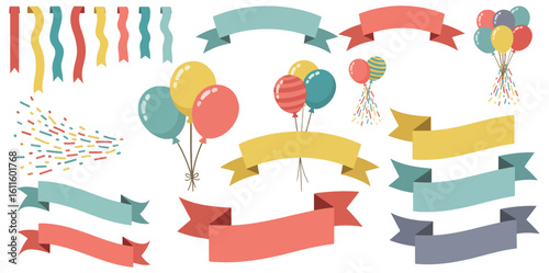 Collection of colorful festive ribbons banners balloons and confetti creating a celebratory and joyful party atmosphere for events
