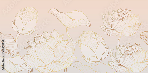 Luxury hand drawn lotus line art background. Elegant gradient gold botanical flowers line art, leaves and tropical foliage. Design for wedding invitation, cover, print, decoration, template.