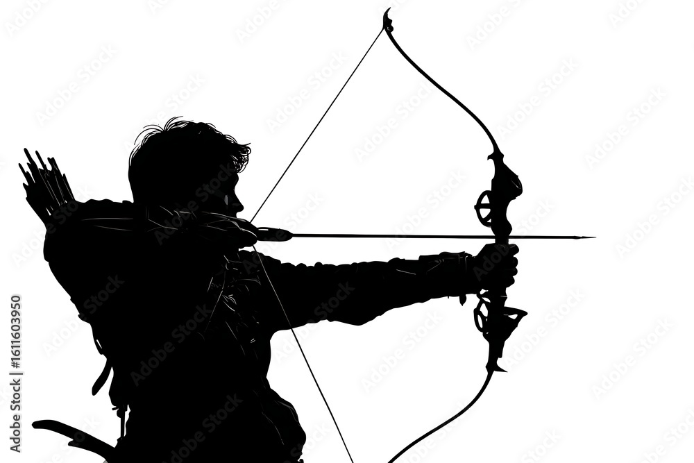 Obraz premium Archer taking aim with bow and arrow in dramatic silhouette