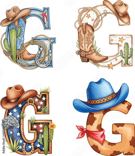 Western Letter G Illustrations: Cowboy Boots, Hats, and Cacti Alphabet Set
