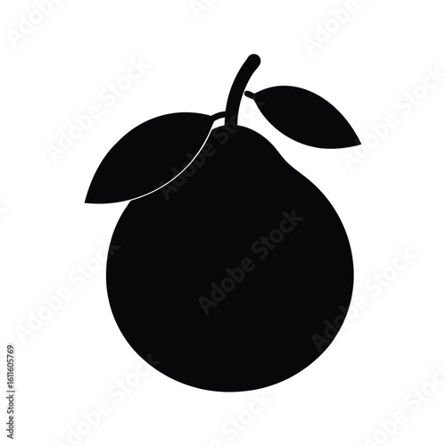Silhouette of a pear fruit with leaves, black and white illustration