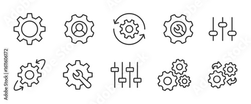 Settings icon set. Gear symbols with tools, sliders and rotation arrows vector illustration. Outline configuration, customization and system management symbol. Line icon set.